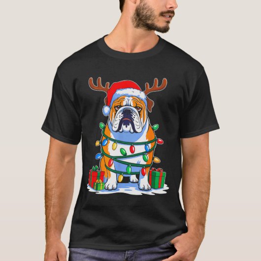T-shirt English Bulldog Dog Tree Christmas Lights Funny Xm (Devant)
