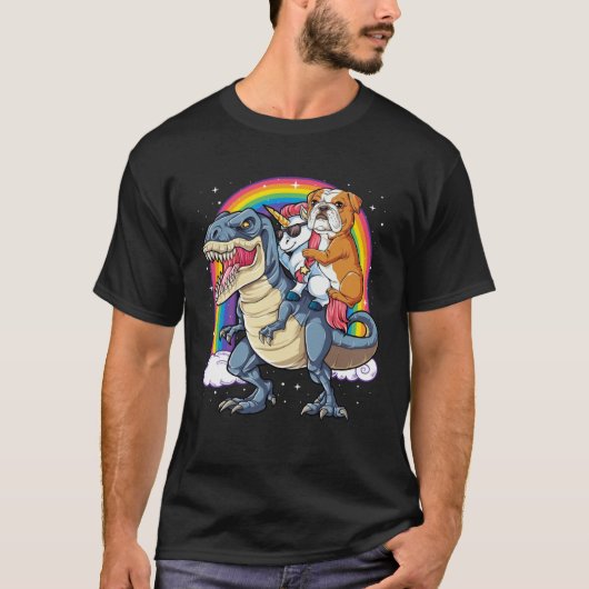 T-shirt English Bulldog Unicorn Riding Dinosaur rex Men W (Devant)