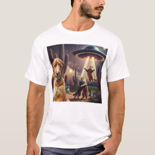 T-shirt Enlèvement d'ovnis de chat avec un chien inquiet d