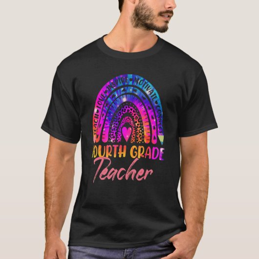 T-shirt Enseignant de 4e année Leopard Rainbow Tie Dye Ret (Devant)
