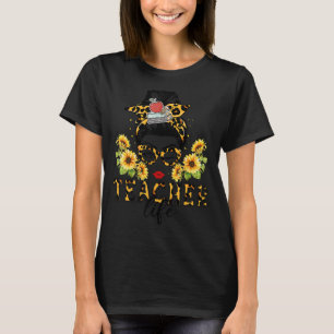 T-shirt Enseignant Vie Messy Bun Leopard Tournesol Enseign
