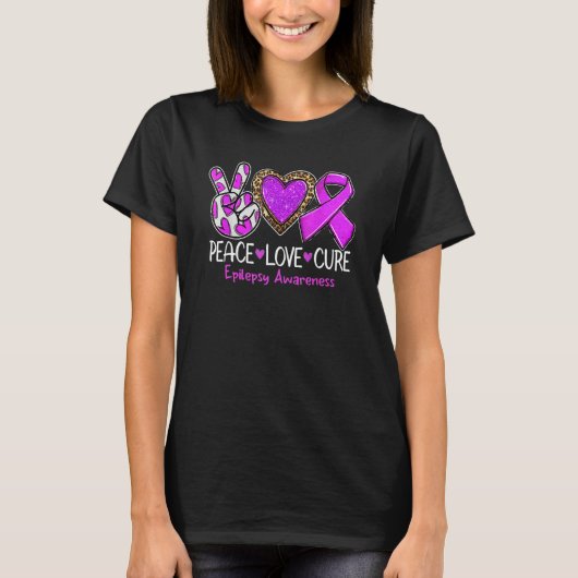 T-shirt Epilepsy Awareness Peace Love Cure Purple Ribbon L (Devant)