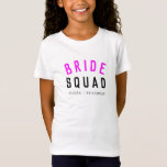 T-Shirt Équipe de mariées | Bridesmaid Chaud Rose Bachelor<br><div class="desc">"Bride Squad", un joli, simple et élégant, propose des maillots de filles d'art avec une typographie moderne et minimaliste en noir et rose néon chaud dans un style tendance cool. Le slogan, le nom et le rôle peuvent facilement être personnalisés avec les noms de votre fête de mariée, par exemple,...</div>