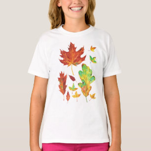 T-shirt Érable rouge et feuilles de chêne doré Aquarelle d