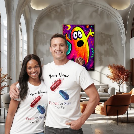 T-shirt Escape or Stay - Red and Blue Pill Cyberpunk Art