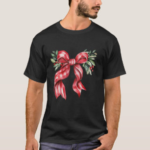 T-shirt Esthétique Noël Floral Rouge Plaid Bow Mistletoe