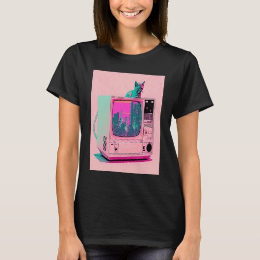 T-shirt Esthétique Vaperwave Chat Glitch Retrowave Synthwa (Devant)