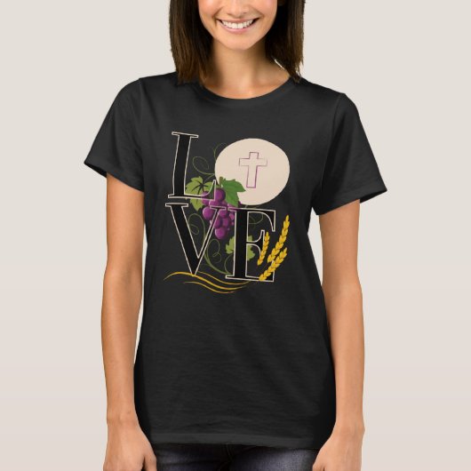 T-shirt Eucharist LOVE Typography Host Wheat Grapes (Devant)