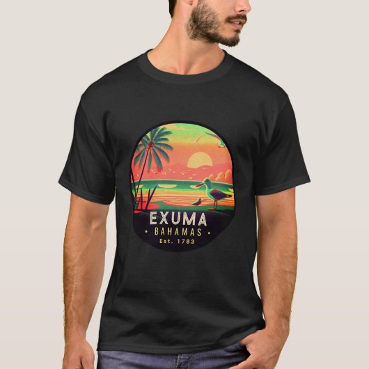 T-shirt Exuma Bahamas Retro Sunset Seagull Souvenir 1950 (Devant)