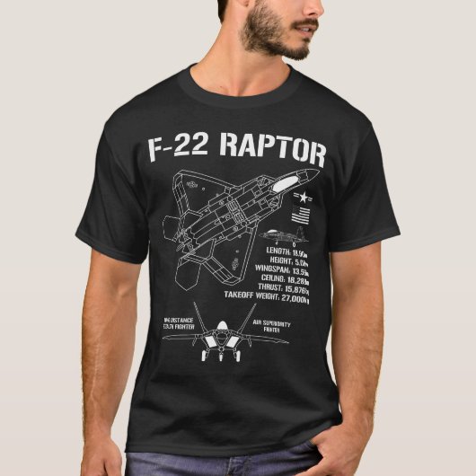 T-shirt F-22 Raptor Fighter Jet Spécifications Militaire F (Devant)