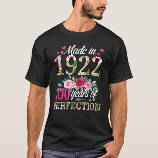 T-shirt Fabriqué En 1922 Floral 100 Ans 100e Anniversaire (Devant)