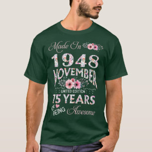 T-shirt Fabriqué En Octobre 1948 Floral 75 Ans D'Être