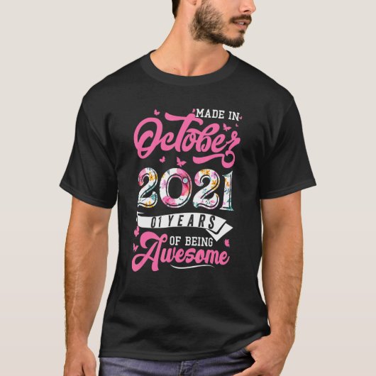 T-shirt Fabriqué En Octobre 2021 Floral 1 An Old 2021st Bi (Devant)