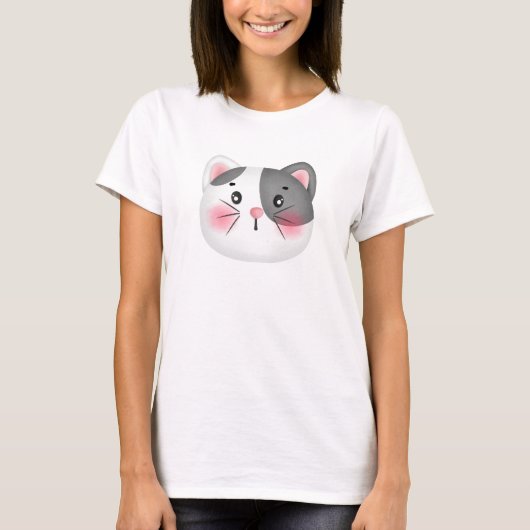 T-shirt Face Chat Gris Et Blanc (Devant)