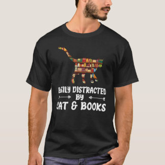 T-shirt Facilement Distrait Par Chat Et Livres Lecture Gar