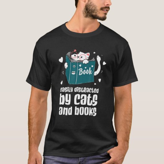 T-shirt Facilement Distrait Par Chats Et Livres Chat Et Li (Devant)