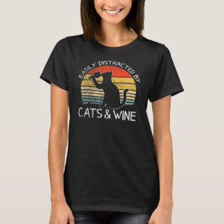 T-shirt Facilement Distrait Par Chats Et Vin Drôle Chat Bo