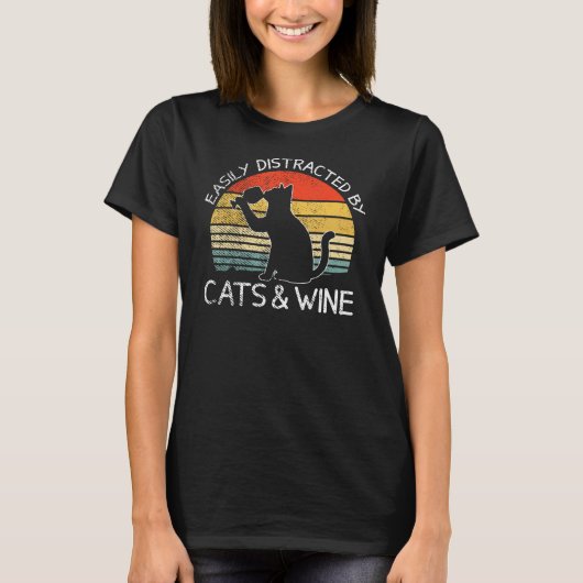 T-shirt Facilement Distrait Par Chats Et Vin Drôle Chat Bo (Devant)