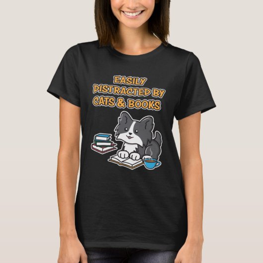 T-shirt Facilement Distrait Par Chats & Livres Cute Kitty  (Devant)