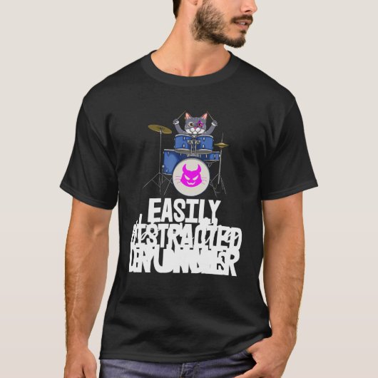 T-shirt Facilement Distrait Par Drum S Drummer Chat Musiqu (Devant)