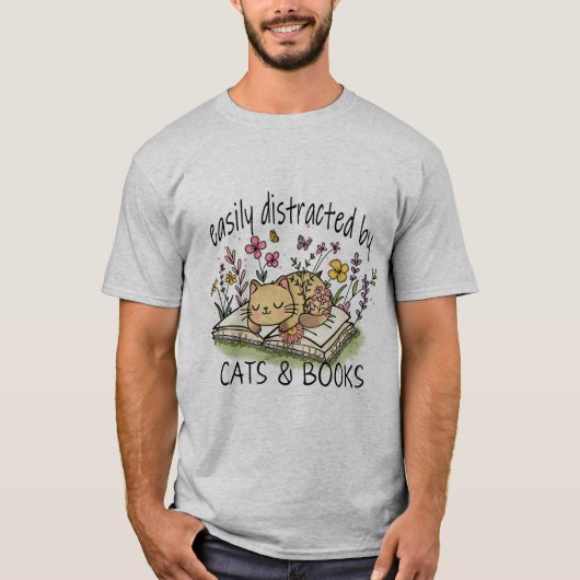 T-shirt Facilement distrait par les chats et les livres (Devant)