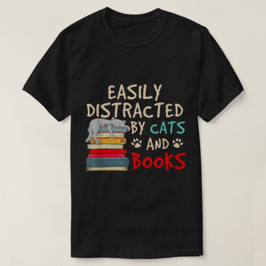 T-shirt Facilement distrait par les chats et les livres 1 (Design devant)