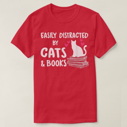 T-shirt Facilement distrait par les chats et les livres am (Design devant)