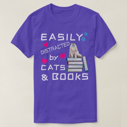 T-shirt Facilement distrait par les chats et les livresLou (Design devant)