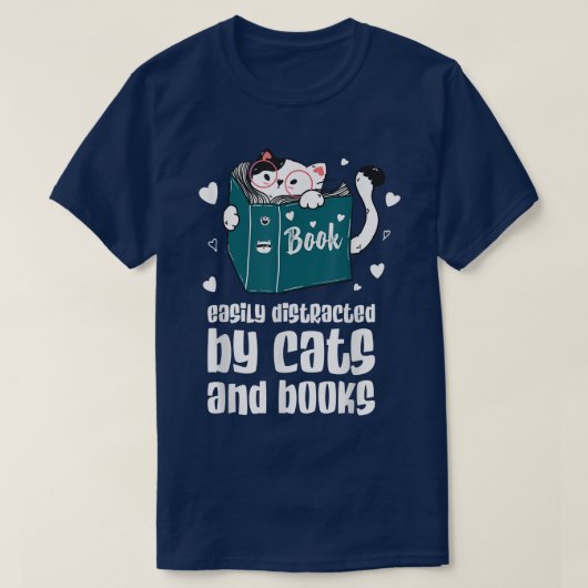 T-shirt Facilement distrait par les chats et livres Chat e (Design devant)