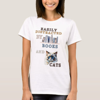 T-shirt Facilement Distrait Par Les Livres Et Les Chats - 