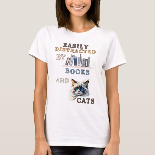 T-shirt Facilement Distrait Par Les Livres Et Les Chats -  (Devant)