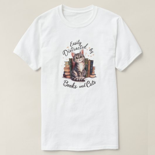 T-shirt Facilement distrait par les livres et les chats (Design devant)