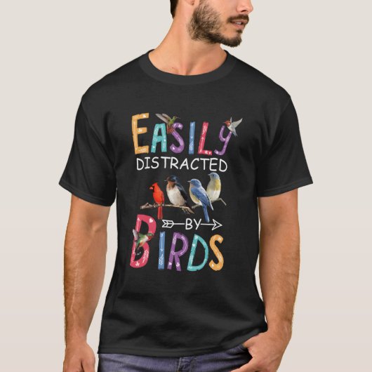 T-shirt Facilement Distrait Par Les Oiseaux Oiseaux (Devant)