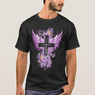 T-shirt Faith Cross Ailes Papillon Rose Fleur Valentine'