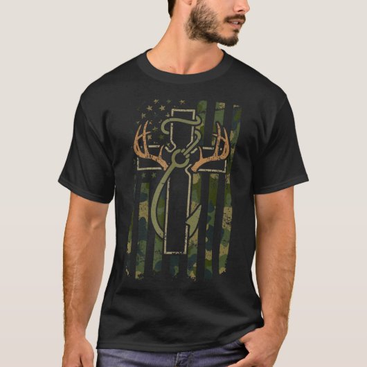 T-shirt Faith Fishing Hunting Camo Us Flag Cross With Hook (Devant)