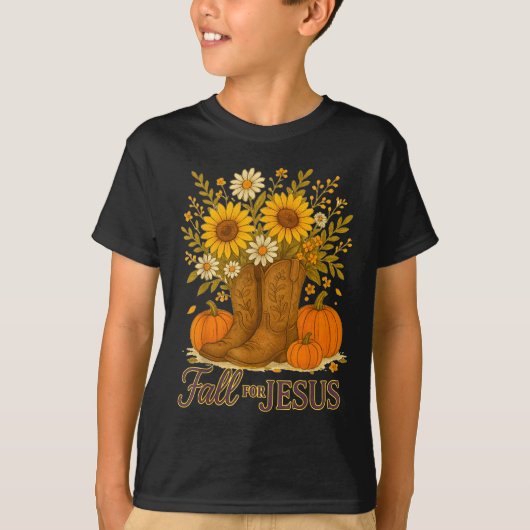 T-shirt Fall For Jesus Western Boots Pumpkin Floral Faith (Devant)