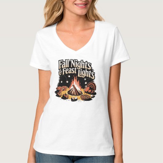 T-shirt Fall Nights and Feast Lights Thanksgiving Campfire (Devant)