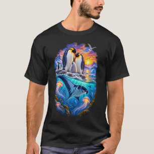 T-shirt Famille de Manchots Empereurs au Coucher du Soleil
