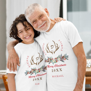 T-shirt Famille de Noël rustique vintage floral monogrammé