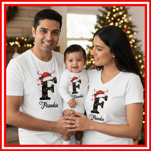 T-shirt Famille Monogramme Antlers de Noël Santa Hat