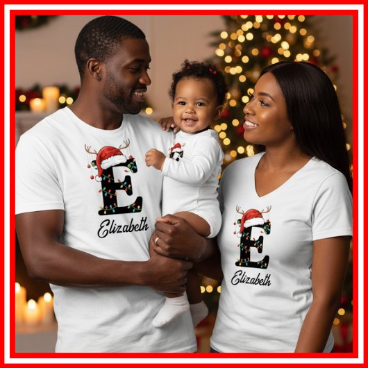 T-shirt Famille Monogramme Antlers de Noël Santa Hat