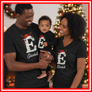 T-shirt Famille Monogramme Antlers de Noël Santa Hat