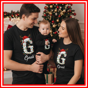 T-shirt Famille Monogramme Antlers de Noël Santa Hat