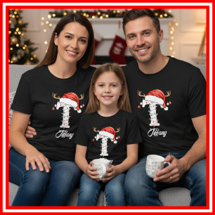 T-shirt Famille Monogramme Antlers de Noël Santa Hat
