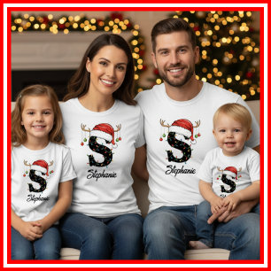 T-shirt Famille Monogramme Antlers de Noël Santa Hat