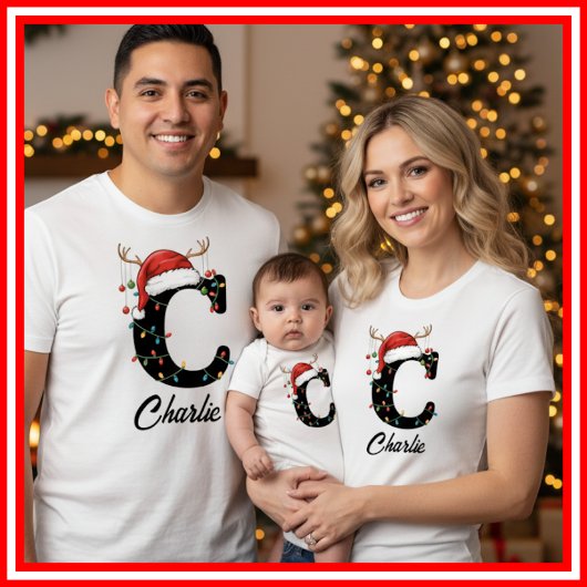 T-shirt Famille Monogramme Antlers de Noël Santa Hat