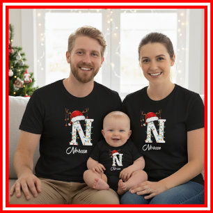 T-shirt Famille Monogramme Antlers de Noël Santa Hat