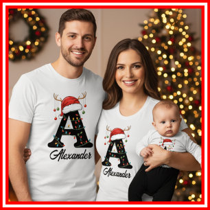 T-shirt Famille Monogramme Antlers de Noël Santa Hat