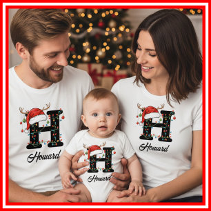 T-shirt Famille Monogramme Antlers de Noël Santa Hat