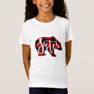 T-Shirt Famille Soeur Ours Rustique Rouge à carreaux de bi